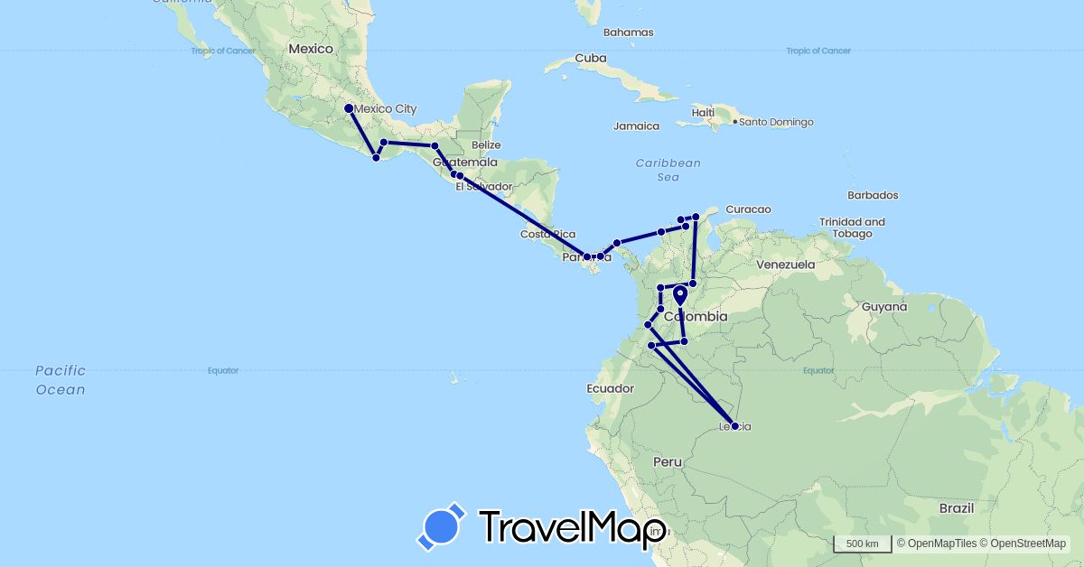 TravelMap itinerary: driving in Colombia, Guatemala, Mexico, Panama (North America, South America)